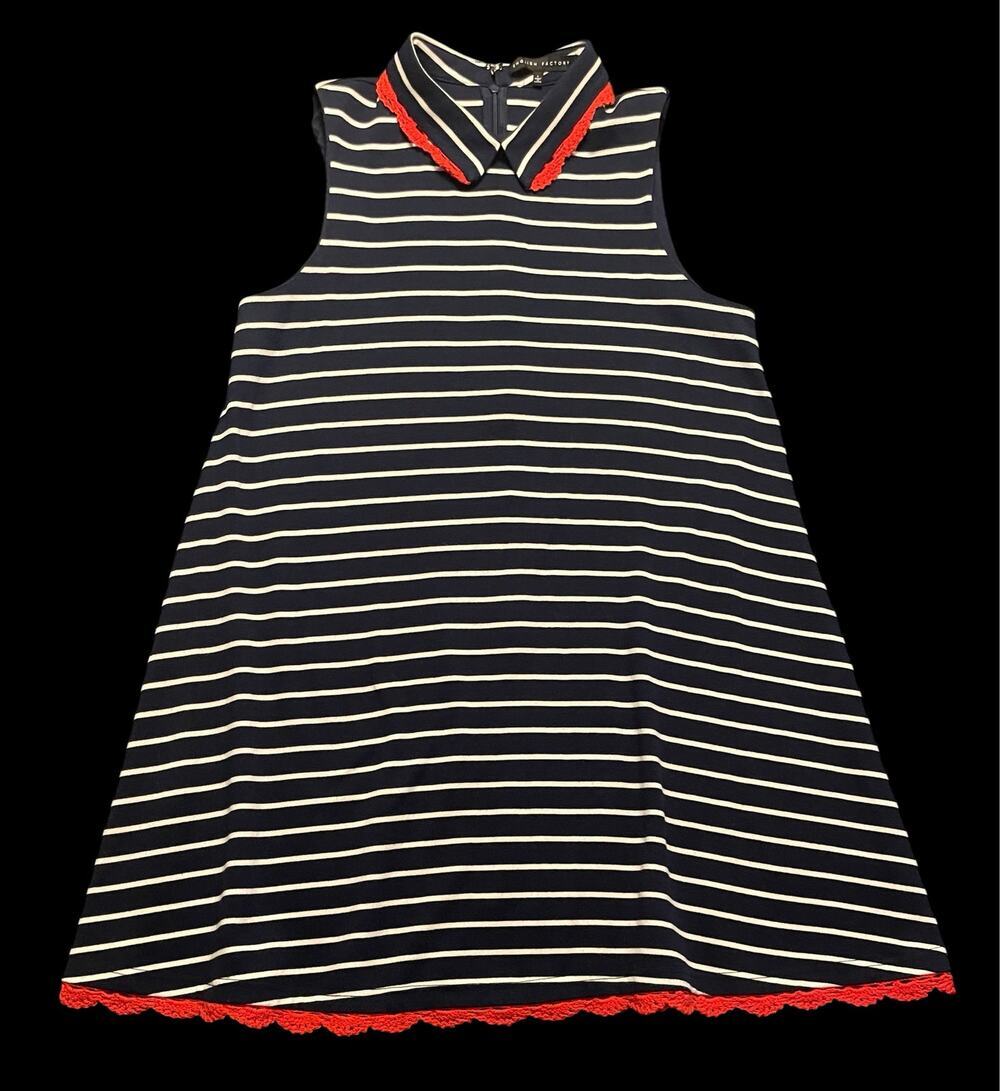 English Factory Nautical Striped A-Line Dress w/ Red Ric-Rac Trim